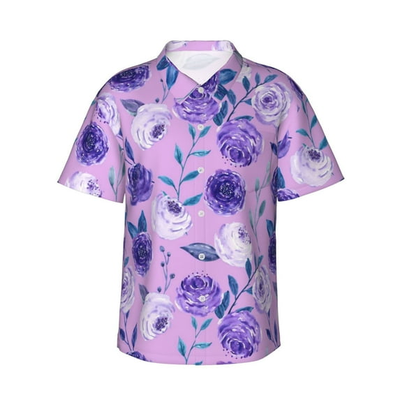 Balery Violet Print Men's Hawaiian Shirts Short Sleeve Beach Shirt Relaxed Fit Vacation Button Down Shirts-Medium