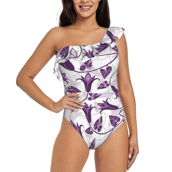 Balery Violets Flowers One Shoulder Swimsuits for Women Ruffle Swimsuits Tummy Control One Shoulder Bathing Suits-Small