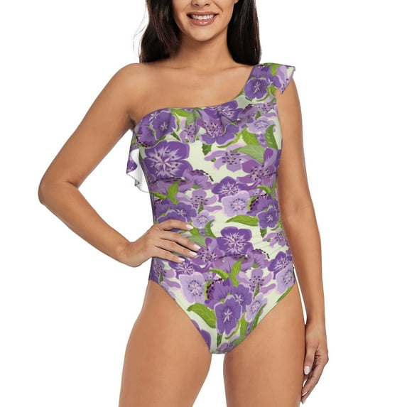Balery Violets Flowers One Shoulder Swimsuits for Women Ruffle Swimsuits Tummy Control One Shoulder Bathing Suits-Small