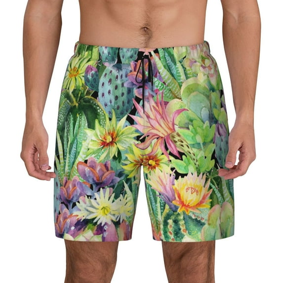 Balery Watercolor Blooming Cactus Mens Swim Trunks Swim Shorts for Men Quick Dry Inseam Beach Shorts with Compression Liner Pocket-Small