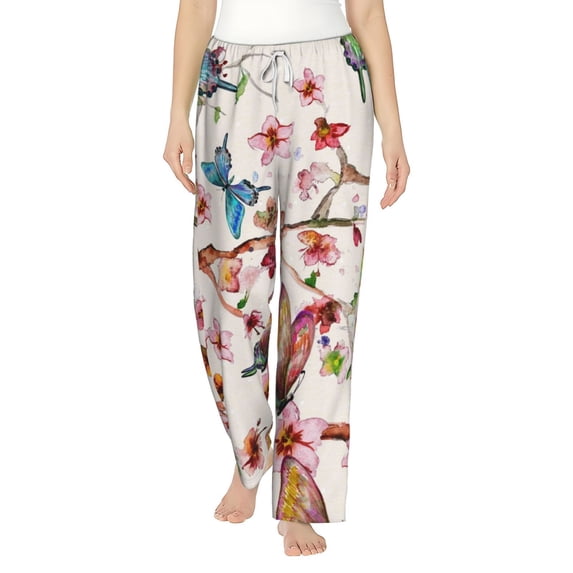 Balery Watercolor Floral With Butterflies print Women's Pajama Pants,Ultra Lightweight Pjs,Lounge Pant-X-Large