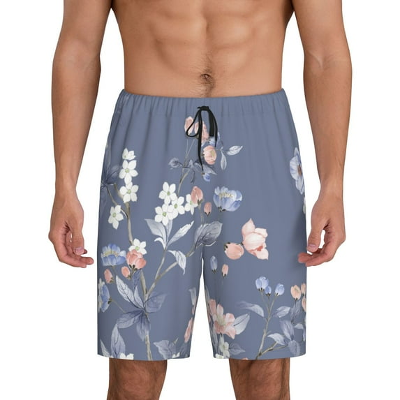Balery Watercolor Flowers Butterfly Men's Cotton Knit Pajama Shorts Waistband & Pockets,Short Pajama Pants-Medium