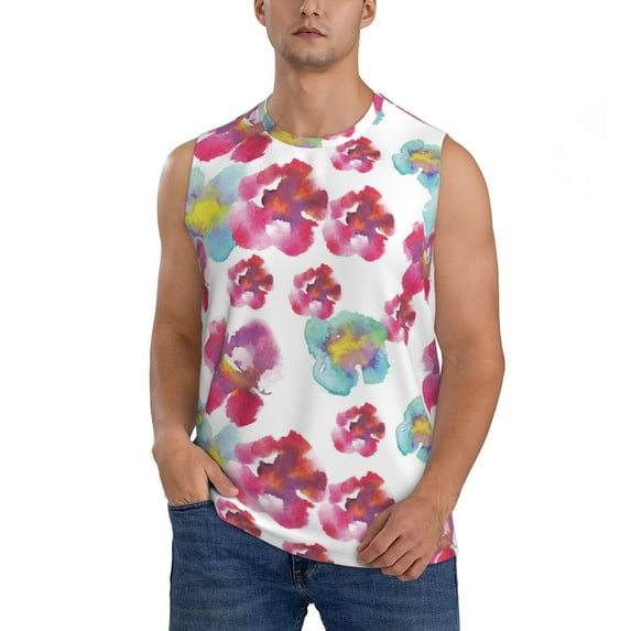 Balery Watercolor Flowers Men's Sleeveless Muscle Shirts Workout Tank Top, Moisture Wicking, Odor Protection-XX-Large