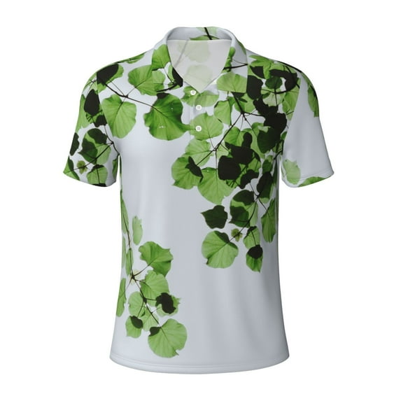 Balery Watercolor Green Leaves Printed Men’s Short Sleeve Polo Shirt, Midweight Men's Shirt,Golf Polo shirts -Small