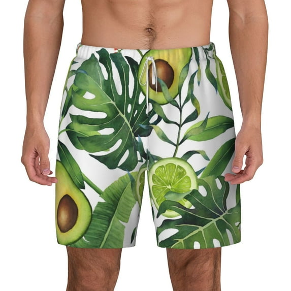 Balery Watercolor Green Tropical Mens Swim Trunks Swim Shorts for Men Quick Dry Inseam Beach Shorts with Compression Liner Pocket-Large