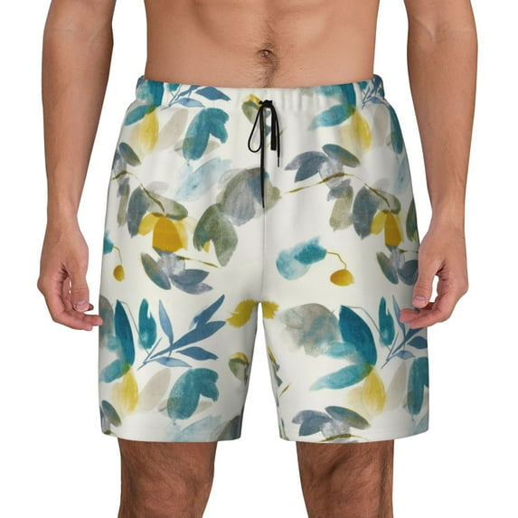 Balery Watercolor Leaves Mens Swim Trunks Swim Shorts for Men Quick Dry Inseam Beach Shorts with Compression Liner Pocket-X-Large