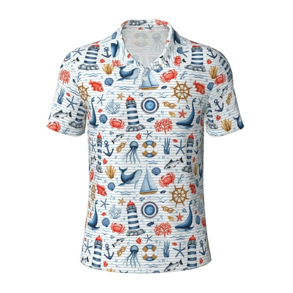 Balery Watercolor Nautical Printed Men’s Short Sleeve Polo Shirt, Midweight Men's Shirt,Golf Polo shirts -3X-Large