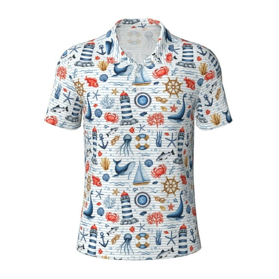 Balery Watercolor Nautical Printed Men’s Short Sleeve Polo Shirt, Midweight Men's Shirt,Golf Polo shirts -Medium