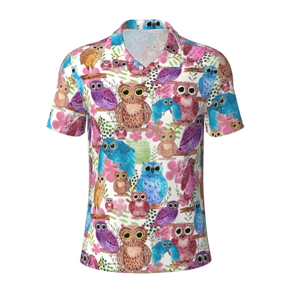 Balery Watercolor Owl Printed Men’s Short Sleeve Polo Shirt, Midweight Men's Shirt,Golf Polo shirts -XX-Large