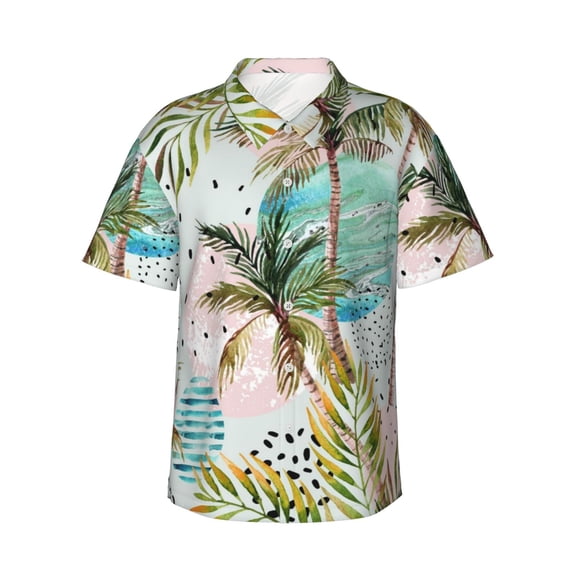 Balery Watercolor Palm Tree Print Men's Hawaiian Shirts Short Sleeve Beach Shirt Relaxed Fit Vacation Button Down Shirts-Small