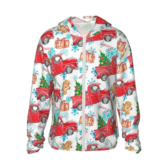 Balery Watercolor Red Truck And Fir Tree Men's Women's UPF 50+ Sun Protection Lightweight Hoodie Performance Long Sleeve Shirt for Fishing Running-XX-Large