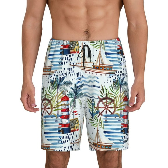 Balery Watercolor Sailboat Men's Cotton Knit Pajama Shorts Waistband & Pockets,Short Pajama Pants-Small