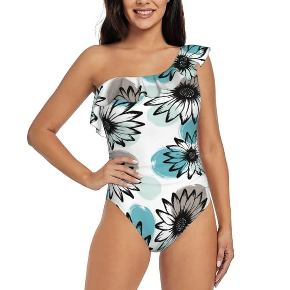 Balery Watercolor Sunflower One Shoulder Swimsuits for Women Ruffle Swimsuits Tummy Control One Shoulder Bathing Suits-X-Large