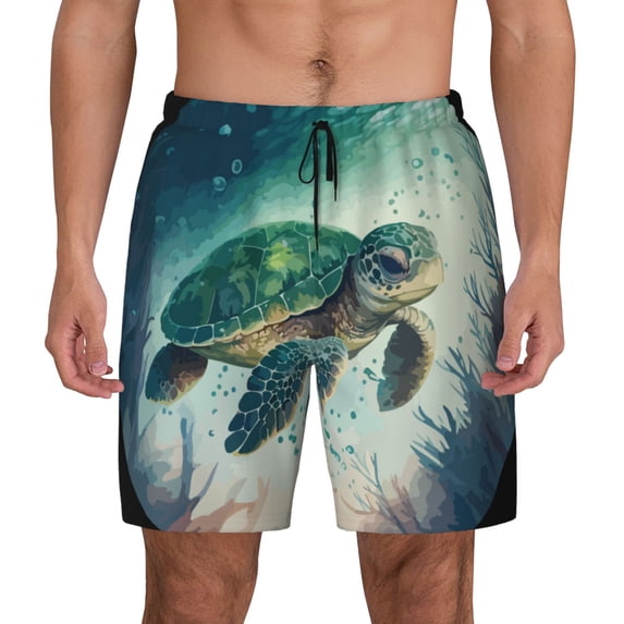 Balery Watercolor Turtle5 Mens Swim Trunks Swim Shorts for Men Quick Dry Inseam Beach Shorts with Compression Liner Pocket-X-Large