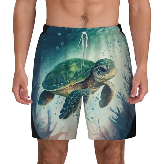 Balery Watercolor Turtle5 Mens Swim Trunks Swim Shorts for Men Quick Dry Inseam Beach Shorts with Compression Liner Pocket-X-Large