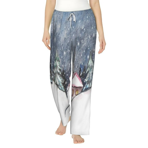 Balery Watercolor Winter Landscape For Christmas print Women's Pajama Pants,Ultra Lightweight Pjs,Lounge Pant-Medium