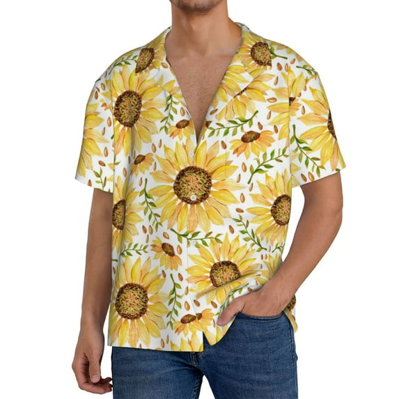 Balery Watercolor With Sunflowers Men's Casual Button Down Shirt Short Sleeve Textured Summer Cuban Beach Shirts-X-Large