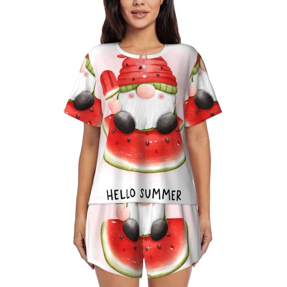 Balery Watermelon Gnome Pattern Womens Pajama Sets 2 Piece Soft Short Sleeve Top and Shorts Sleepwear Round Neck Pjs Lounge Set with Pockets-Medium