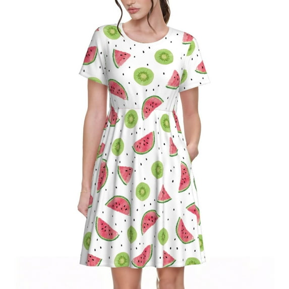 Balery Watermelon And Kiwi Pattern Womens Dresses Loose Short sleeve Sundresses Swimsuit Coverup 2025 Summer Casual Dress for Women - A-Line Swing Dress