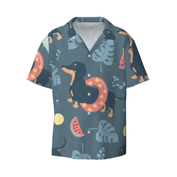 Balery Watermelons Dachshunds Men's Casual Button Down Shirt Short Sleeve Textured Summer Cuban Beach Shirts-Large