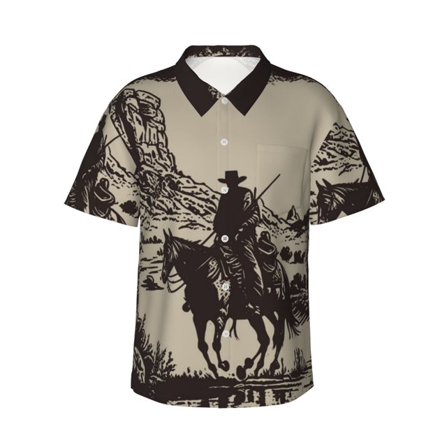 Balery Western Desert Cowboy Print Men's Hawaiian Shirts Short Sleeve