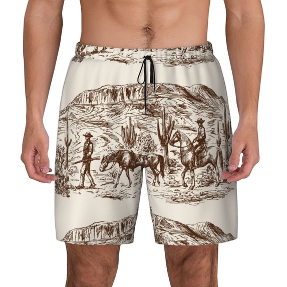 Balery Western Desert Cowboys2 Mens Swim Trunks Swim Shorts for Men Quick Dry Inseam Beach Shorts with Compression Liner Pocket-Small