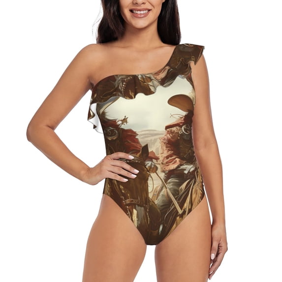 Balery Western Rabbit Cowboy One Shoulder Swimsuits for Women Ruffle Swimsuits Tummy Control One Shoulder Bathing Suits-XX-Large