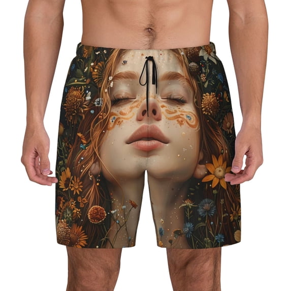 Balery Whimsical Flower Crown Maiden Mens Swim Trunks Swim Shorts for Men Quick Dry Inseam Beach Shorts with Compression Liner Pocket-Small