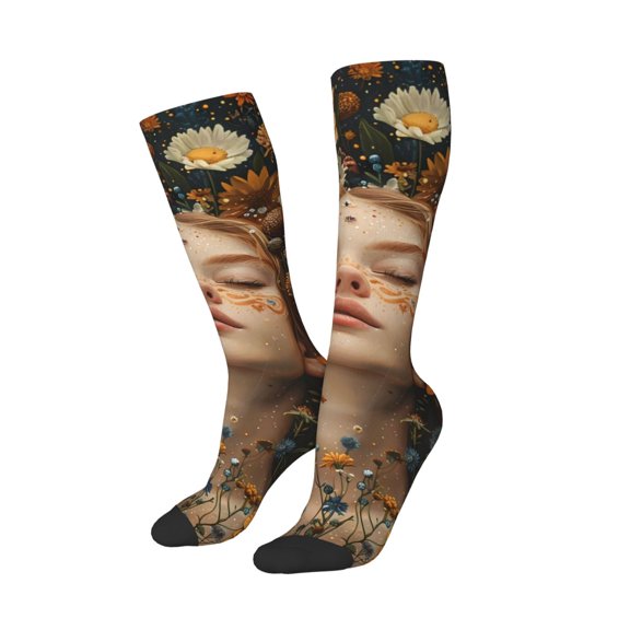 Balery Whimsical Flower Crown Maiden Printed Novelty Socks Men's Women's Crew Socks Sports Socks Knee High Socks Cotton Socks Quirky and Cool Socks