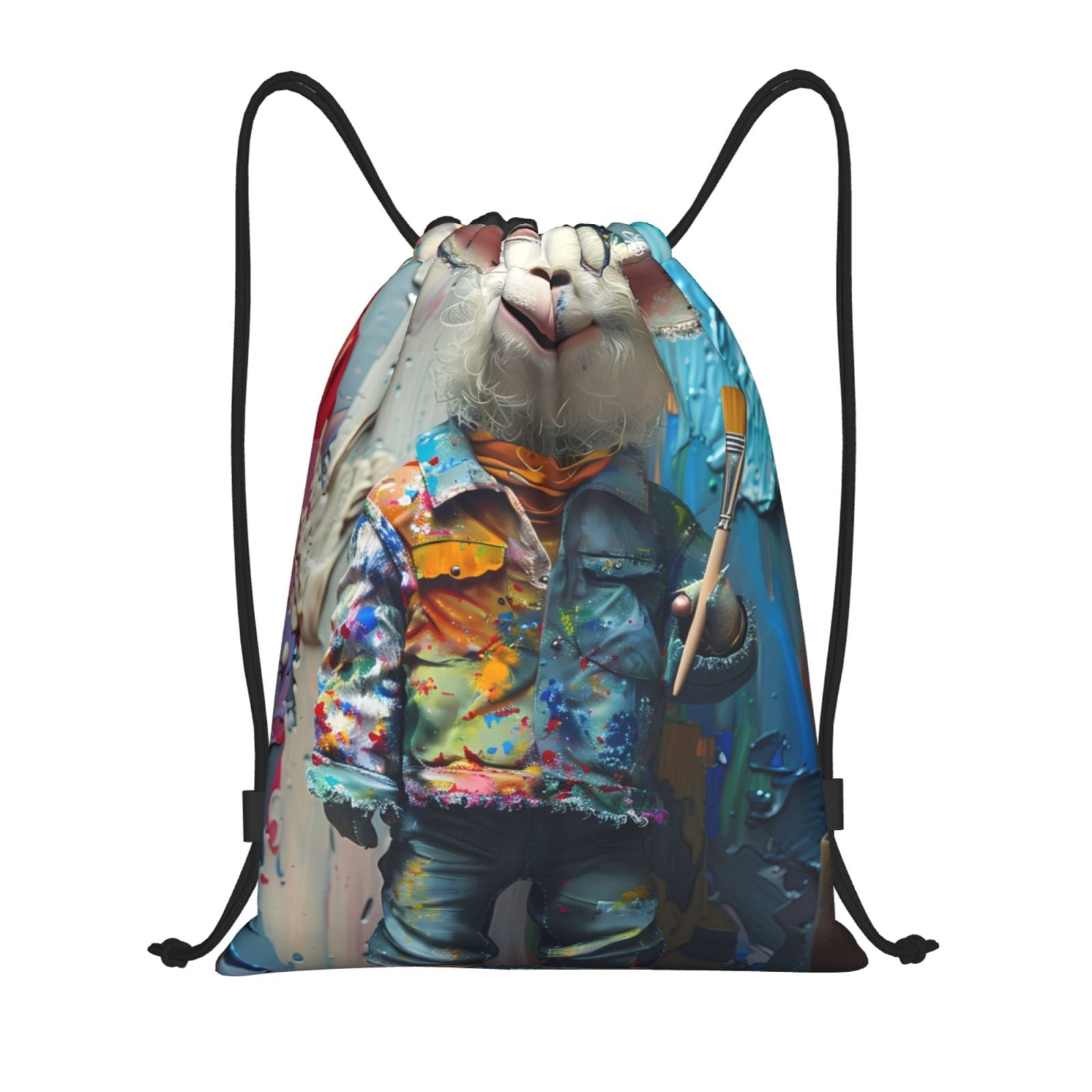 Balery Whimsical Goat Artist Pattern Drawstring Backpack Bag Sport Gym