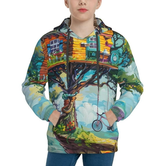 Balery Whimsical Treehouse Painting Pattern Boys Hoodie, Youth Pullover Hooded Sweatshirt, Kangaroo Pocket Hoodie for Kids Girls -Small