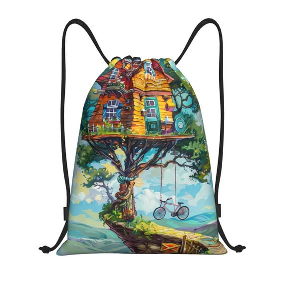 Balery Whimsical Treehouse Painting Pattern Drawstring Backpack Bag Sport Gym Sackpack Cinch Bags Pattern Drawstring Backpack Bag Sport Gym Sackpack Cinch Bags -Small