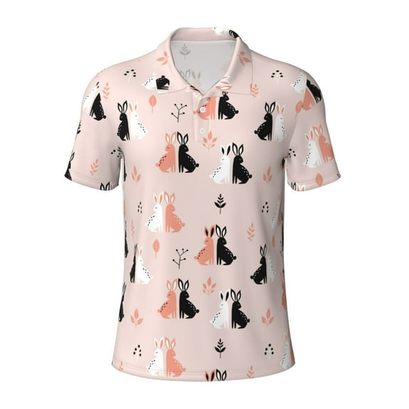 Balery White And Black Rabbit Printed Men’s Short Sleeve Polo Shirt, Midweight Men's Shirt,Golf Polo shirts -X-Large