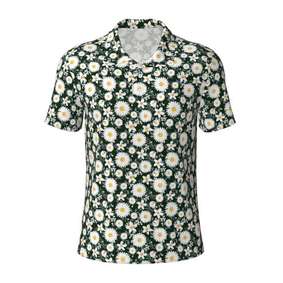 Balery White Daisies and Bee Printed Men’s Short Sleeve Polo Shirt, Midweight Men's Shirt,Golf Polo shirts -Medium