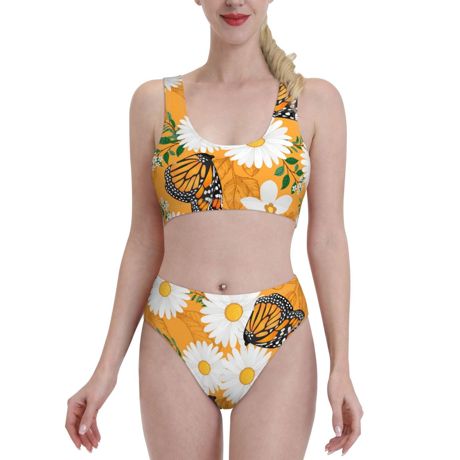 Balery White Floral and Butterflies Women Bikini Swimsuit Tankini Set 2