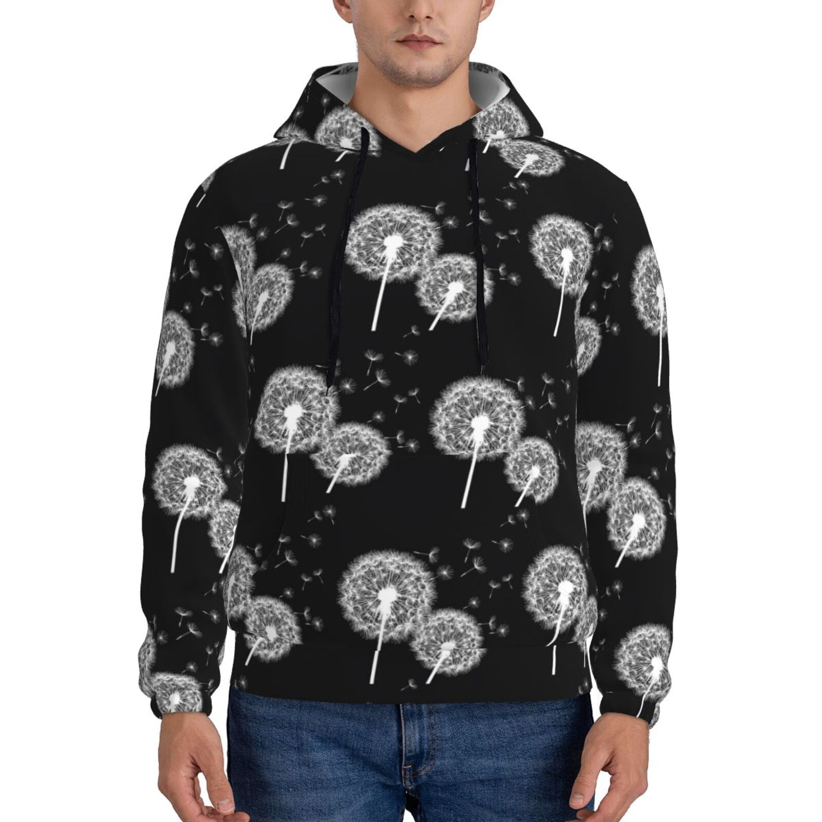 Balery White Flower Dandelion Pattern Mens Hoodie Kangaroo Pocket