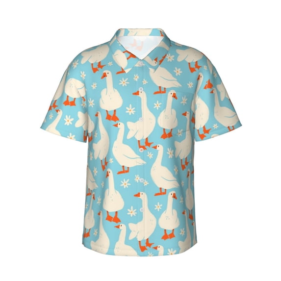 Balery White Geese and Flower Print Men's Hawaiian Shirts Short Sleeve Beach Shirt Relaxed Fit Vacation Button Down Shirts-Large