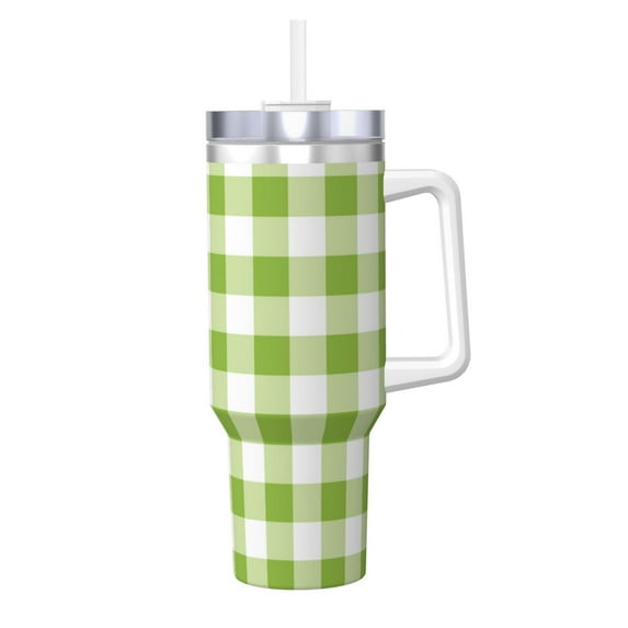 Balery White Green Plaid Pattern 40oz Stainless Steel Tumbler Double Wall Vacuum Insulated Water Bottle Ice Bully Insulated Tumbler With Handle And 2 in 1 Straw Lid
