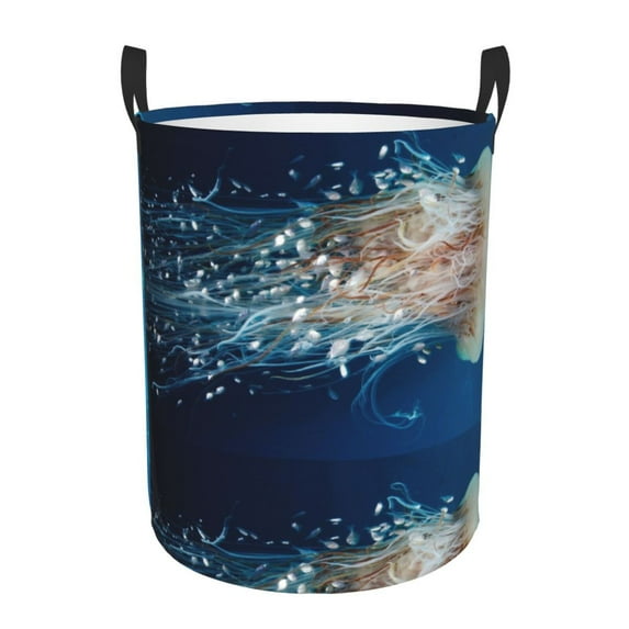 Balery White Jellyfish Dansing in the Ocean Round Laundry Basket with Handles Waterproof Freestanding Laundry Hamper for Clothes Toys in the Dorm and Family-Medium