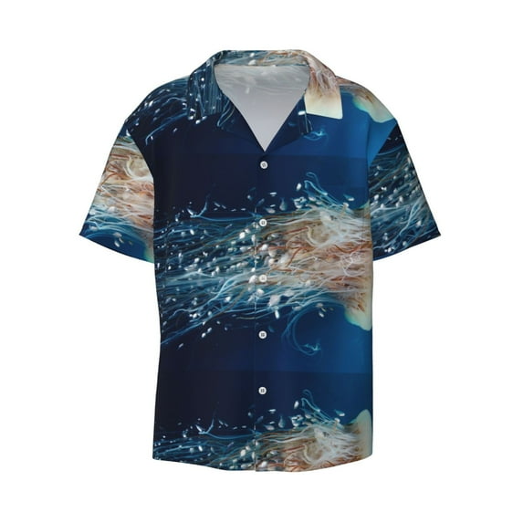 Balery White Jellyfish Dansing in the Ocean Men's Casual Button Down Shirt Short Sleeve Textured Summer Cuban Beach Shirts-Large
