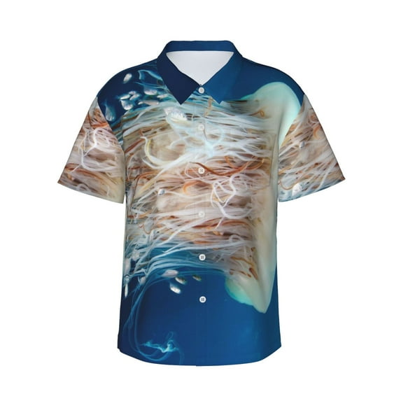 Balery White Jellyfish Dansing in the Ocean Print Men's Hawaiian Shirts Short Sleeve Beach Shirt Relaxed Fit Vacation Button Down Shirts-X-Large