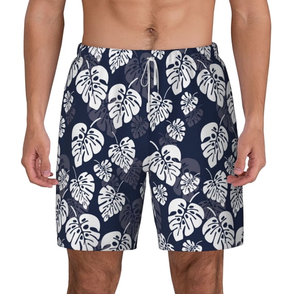 Balery White Leaves Mens Swim Trunks Swim Shorts for Men Quick Dry Inseam Beach Shorts with Compression Liner Pocket-X-Large