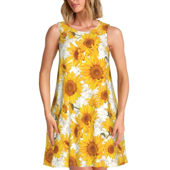 Balery White Marble Pattern Sunflower Pattern Women’s Summer Dresses – Loose Sleeveless Sundress, Casual and Comfortable Beach Dress for Hot Days
