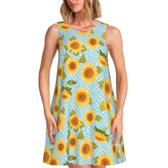 Balery White Polka Dot Sunflower A Pattern Women’s Summer Dresses – Loose Sleeveless Sundress, Casual and Comfortable Beach Dress for Hot Days