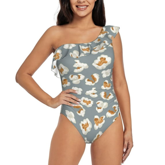 Balery White Popcorn One Shoulder Swimsuits for Women Ruffle Swimsuits Tummy Control One Shoulder Bathing Suits-XX-Large