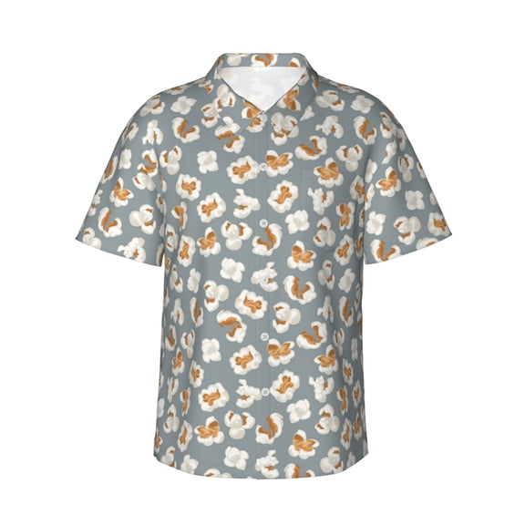 Balery White Popcorn Print Men's Hawaiian Shirts Short Sleeve Beach Shirt Relaxed Fit Vacation Button Down Shirts-X-Large