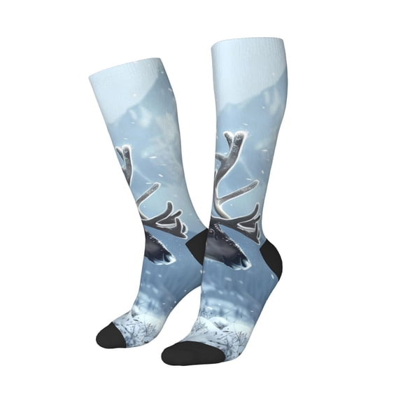 Balery Winter Reindeer In Snowy Mountains Printed Novelty Socks Men's Women's Crew Socks Sports Socks Knee High Socks Cotton Socks Quirky and Cool Socks