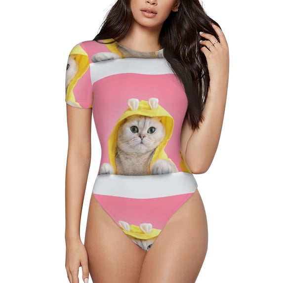 Balery Women'Sa Funny Cat Crew Neck Round Neck Short Sleeves Slim Fit Casual Basic Extender Bodysuit Daily Jumpsuit T Shirts-Small