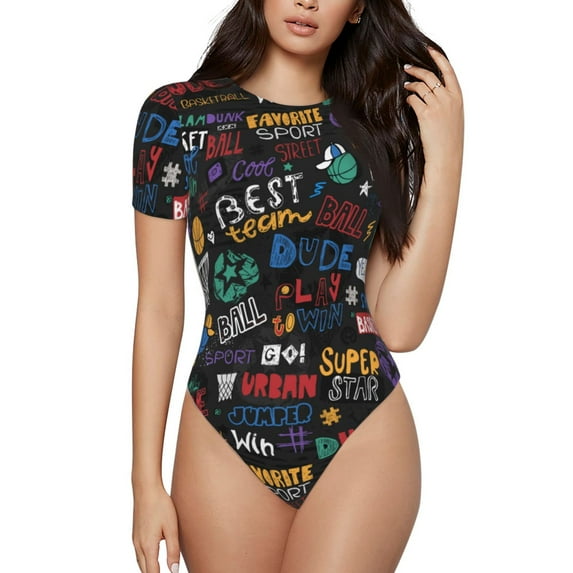 Balery Women'Sbasketball Crew Neck Round Neck Short Sleeves Slim Fit Casual Basic Extender Bodysuit Daily Jumpsuit T Shirts-Small