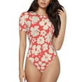 thumbnail image 1 of Balery Women'Sbeige Flowers Crew Neck Round Neck Short Sleeves Slim Fit Casual Basic Extender Bodysuit Daily Jumpsuit T Shirts-X-Large, 1 of 9